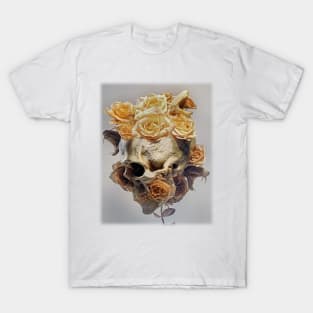 Human skull with three snake heads surrounded by dry golden roses T-Shirt